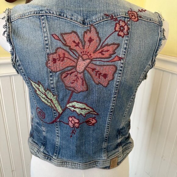Guess Jeans Vintage stretch Denim jean jacket vest embroidered flower sleeveless - Picture 8 of 8